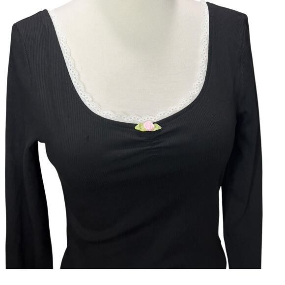 Pretty Garbage Top Womens M Black Ribbed Knit Scoop Neck Dainty Lace Feminine - Picture 6 of 15
